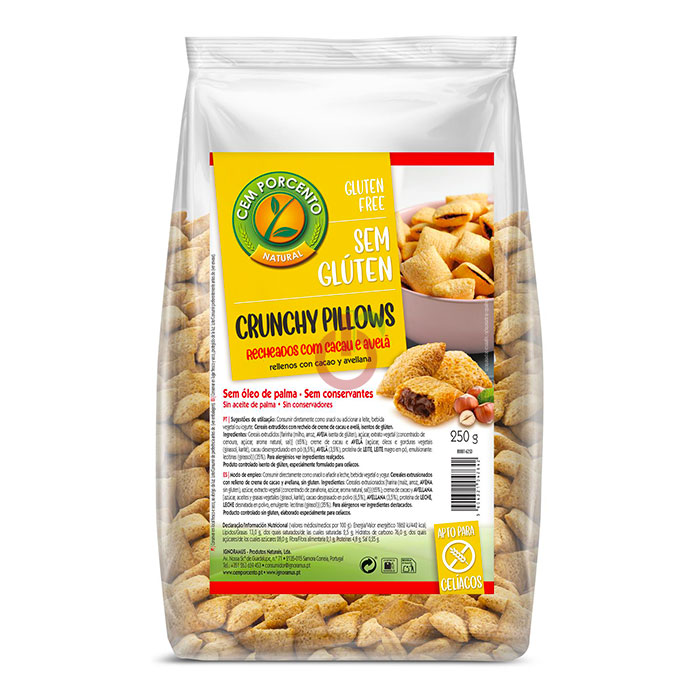 Cereais Crunchy Pillows Recheados com Avelã e Cacau Sem Glúten Cem Porcento