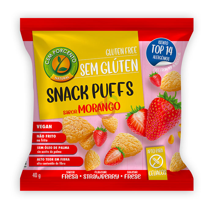 Snack Puffs Sabor a Morango Sem Glúten Cem Porcento